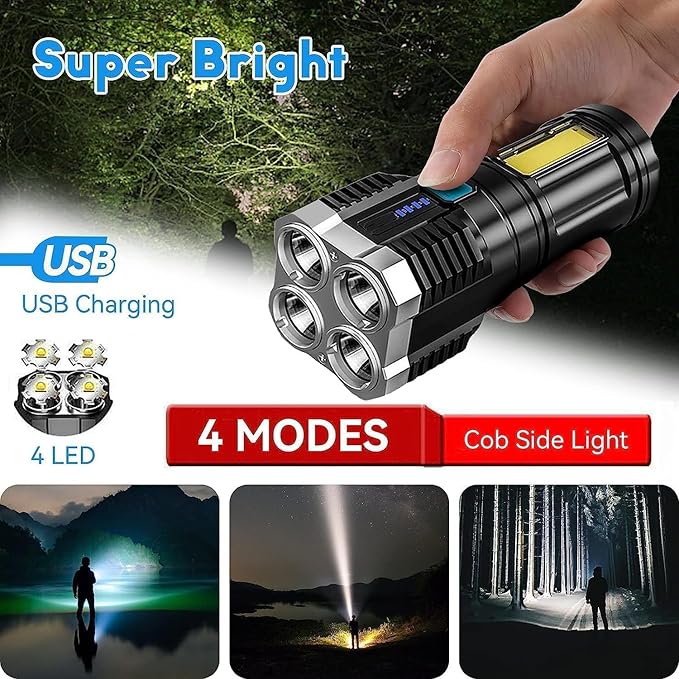 4 in 1 LED Torch Lights Rechargeable Emergency Torch Light 3W USB Charge Flashlight - High Power Long Distance Beam Range 4 Modes Torch for Outdoor, Indoor, Hiking, Walking